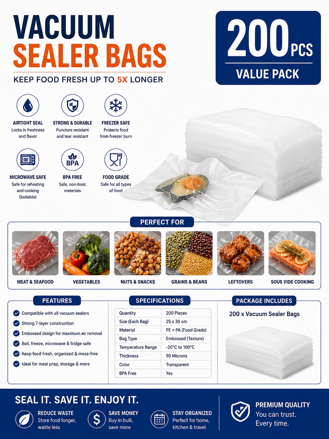 EverNest™ FreshLock Vacuum Sealer Bags | 200 Count (8" × 12")